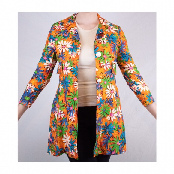 Vintage Barkcloth Orange Psychedelic Flower Jacket - Picture 2 of 4